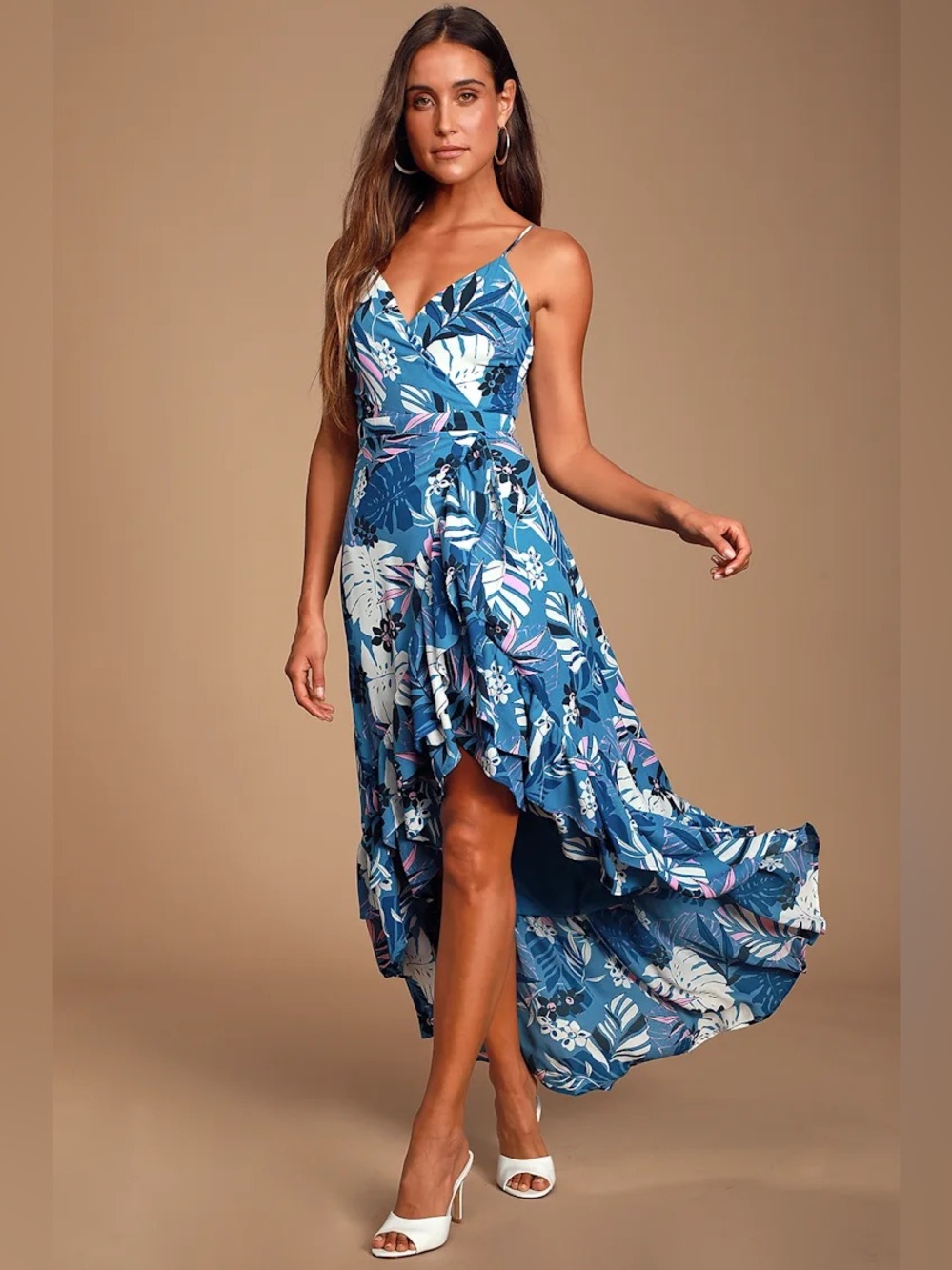 Lulus Blue Tropical Floral High Low Midi Dress NWT Adjustable Straps Size Small